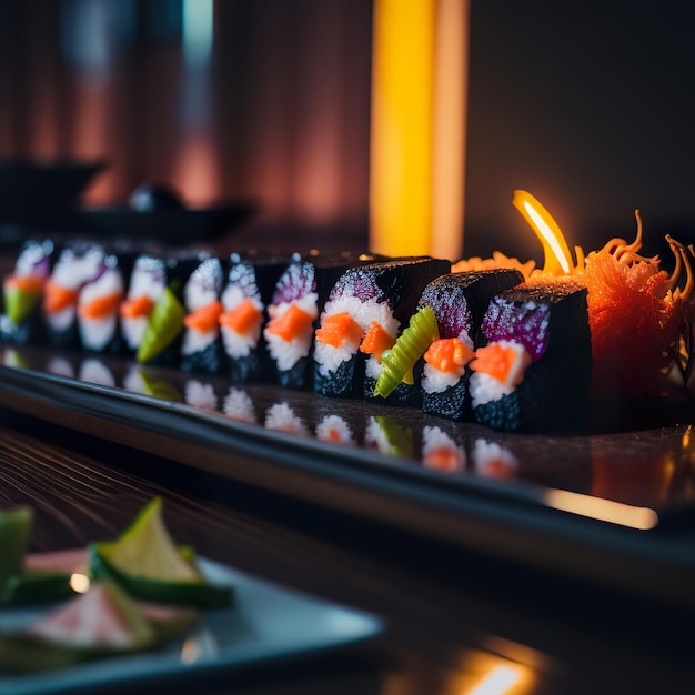 Une assiette de sushi avec une bougie verte dessus