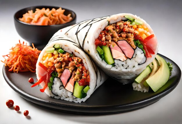 une assiette de sushi avec différents ingrédients, y compris du riz et de la viande