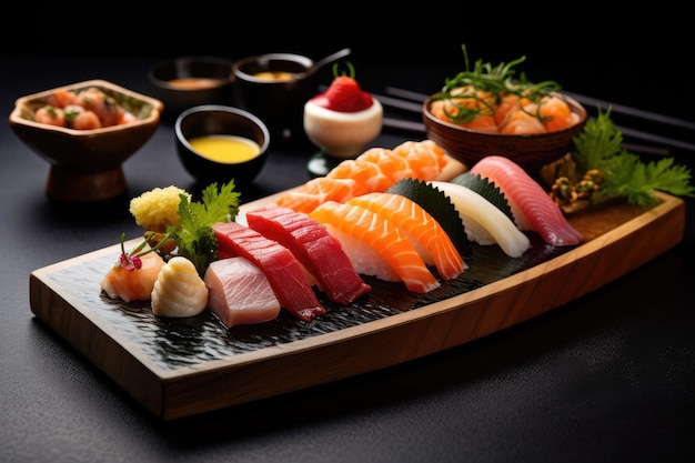 une assiette de sushi avec différents types de poissons