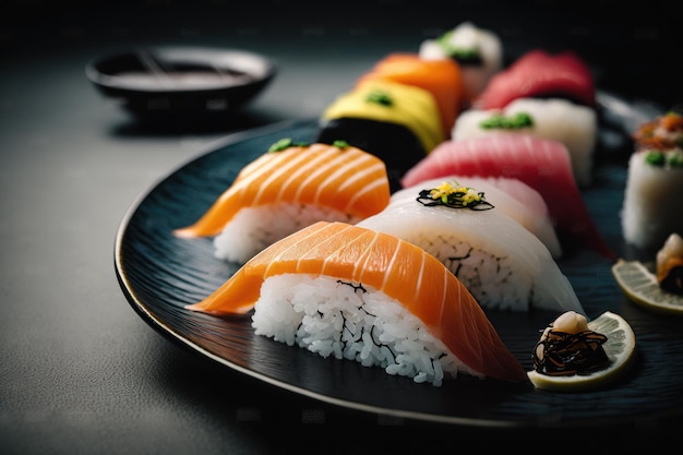 Une assiette de sushi avec une feuille verte dessus