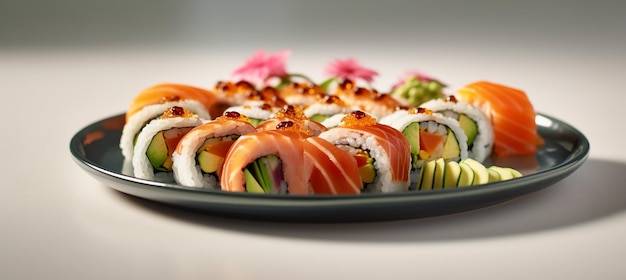 Une assiette de sushi avec une fleur rose dessus