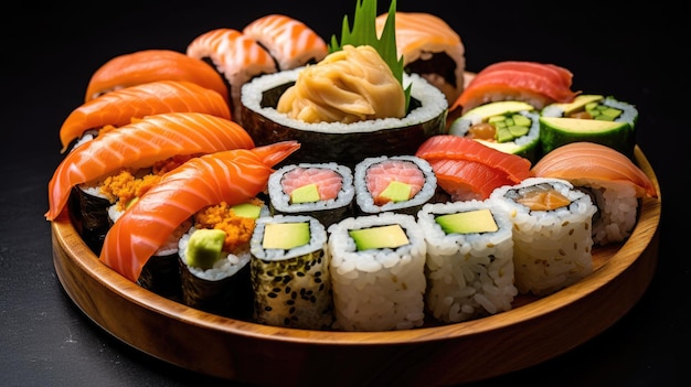 une assiette de sushi sur un fond noir