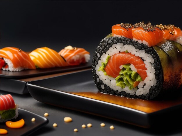 Photo une assiette de sushi avec un fond noir