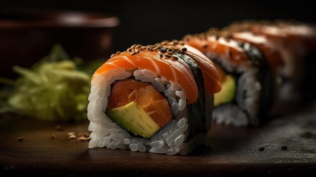 Une assiette de sushi avec un légume vert dessus