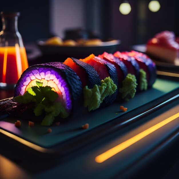 Photo une assiette de sushi avec une lumière violette dessus