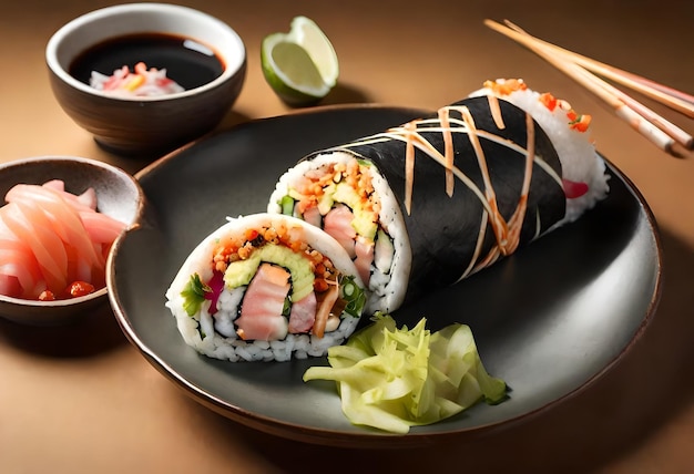 une assiette de sushi avec un morceau de sushi dessus