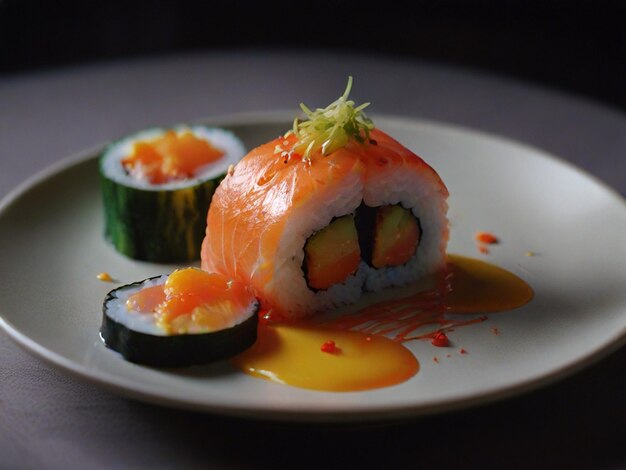 Photo une assiette de sushi avec un morceau de sushi dessus