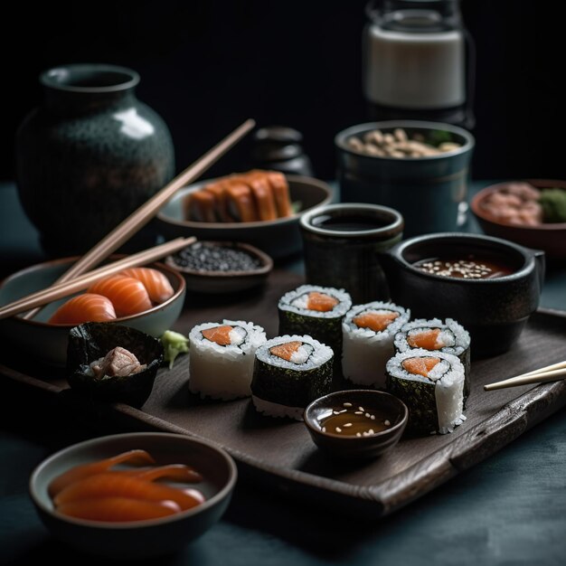 Une assiette de sushi et de riz avec un bol de sauce cacahuète et un bol de riz.