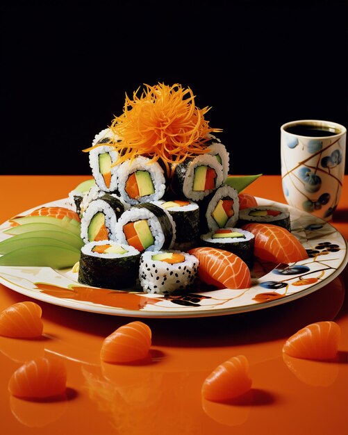 Une assiette de sushi avec des rouleaux de concombre