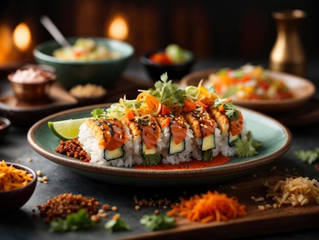 une assiette de sushi avec de la sauce et des légumes et un bol de riz