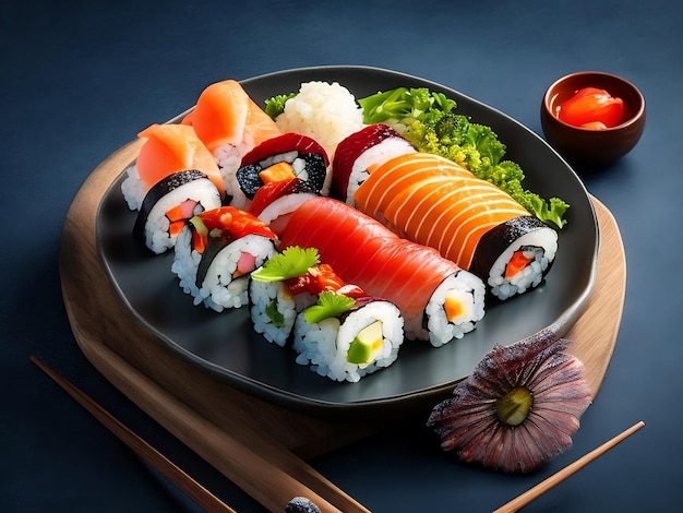 Une assiette de sushi avec un sushi dessus