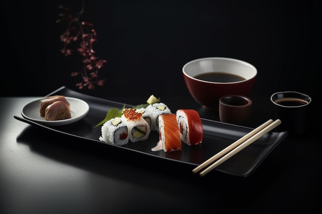 Une assiette de sushi et une tasse de thé noir