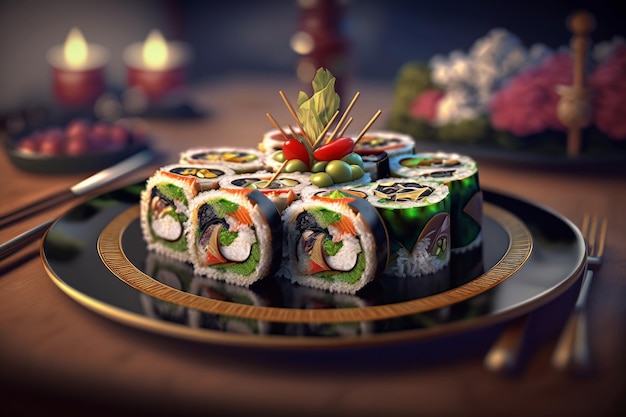 Une assiette de sushis avec une assiette de différentes saveurs.