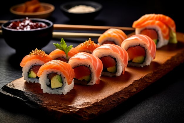 Une assiette de sushis au saumon dessus