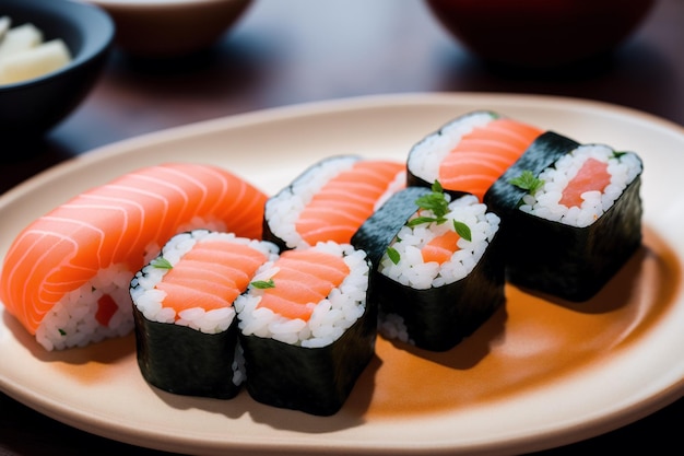 Une assiette de sushis au saumon dessus