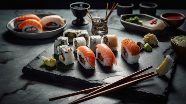 Une assiette de sushis et d'autres aliments, y compris une assiette de sushis