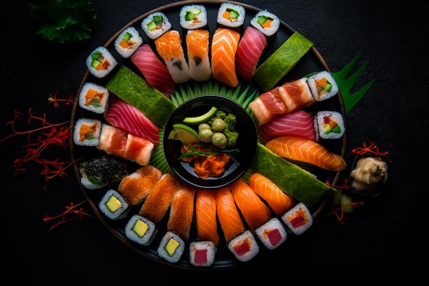 Photo une assiette de sushis aux saveurs variées