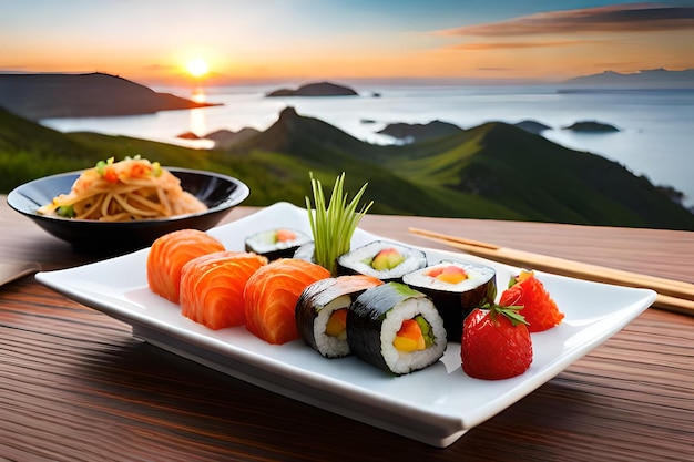 Une assiette de sushis et de baguettes avec une sauce verte et un bol de sauce verte