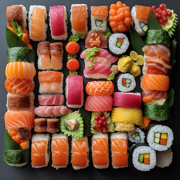 Une assiette de sushis avec différents types d'aliments, y compris des sushis.