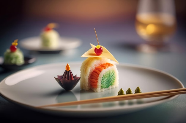 Une assiette de sushis avec un morceau de saumon dessus