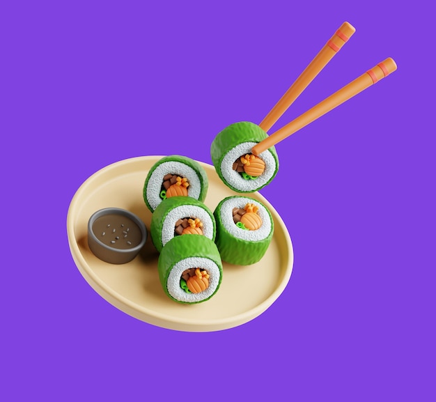 Une assiette de sushis avec une paire de baguettes dessus
