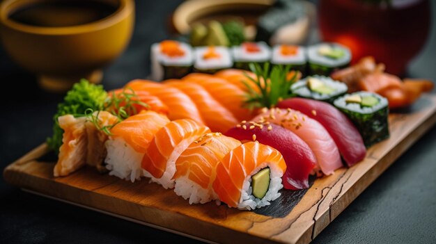 Une assiette de sushis et de petits pains avec une assiette de sushis dessus