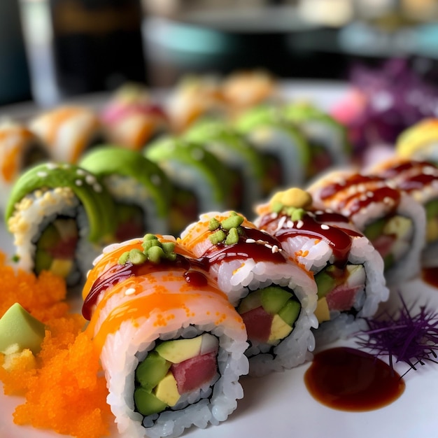 Une assiette de sushis avec une sauce dessus