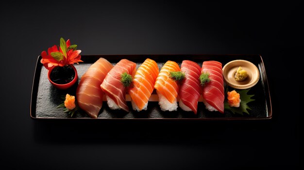 Une assiette de sushis avec une sauce du mot sushi dessus