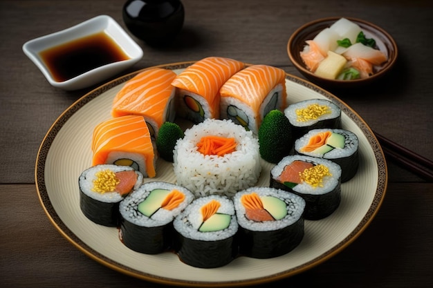 Une assiette de sushis avec une sauce de sauce soja.