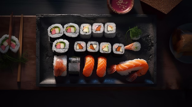 Une assiette de sushis sur un tableau noir