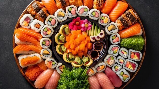 Une assiette de sushis avec une variété de garnitures