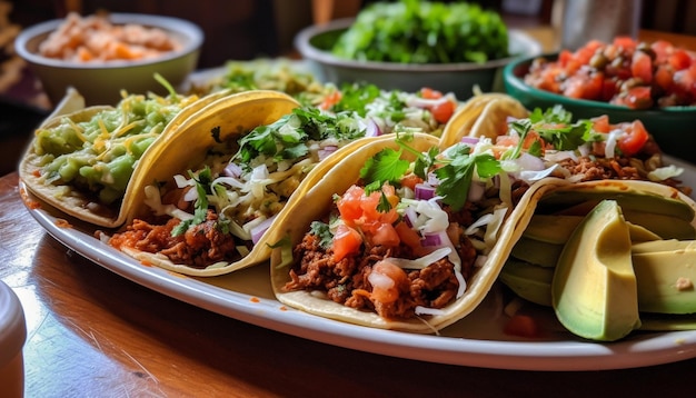 Assiette de tacos au bœuf grillé avec guacamole frais et salsa épicée générée par l'intelligence artificielle