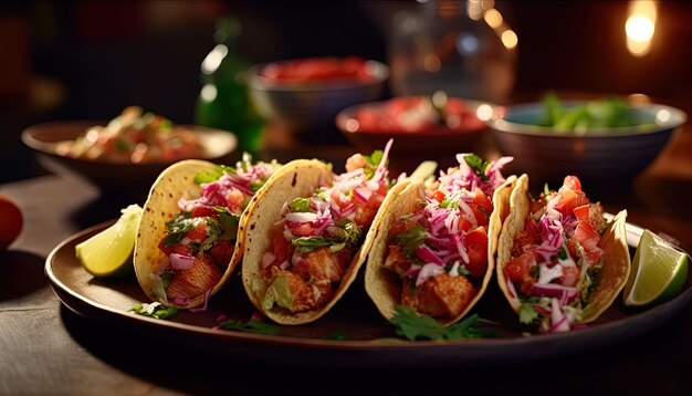 Photo une assiette de tacos avec une bouteille verte sur le dessus