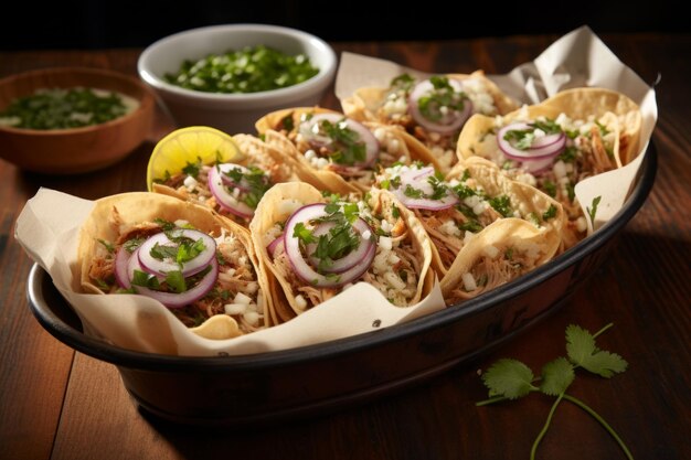 Photo une assiette de tacos mexicains avec des oignons de porc et de la coriandre