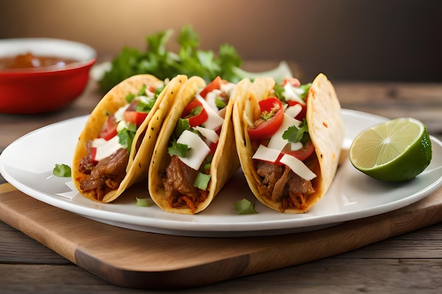 Une assiette de tacos avec un quartier de lime et un bol de salsa sur le côté.