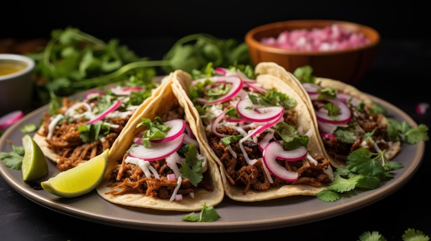 Une assiette de tacos de rue gras et savoureux remplis d'oignons de viande juteux et de coriandre