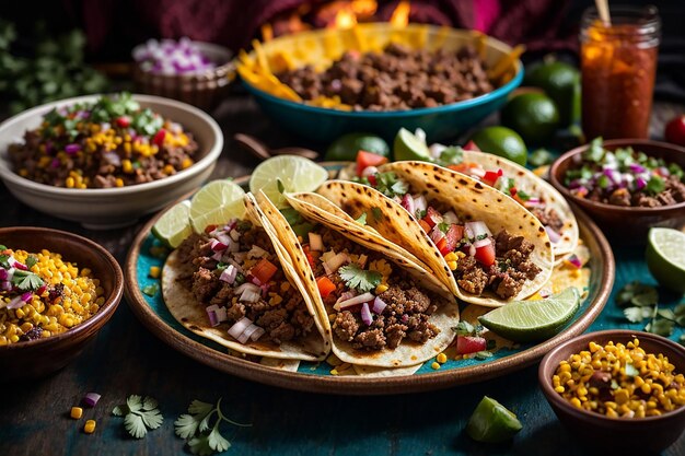 assiette de tacos de rue mexicains avec chorizo carne asada et al pastor dans des tortillas de maïs