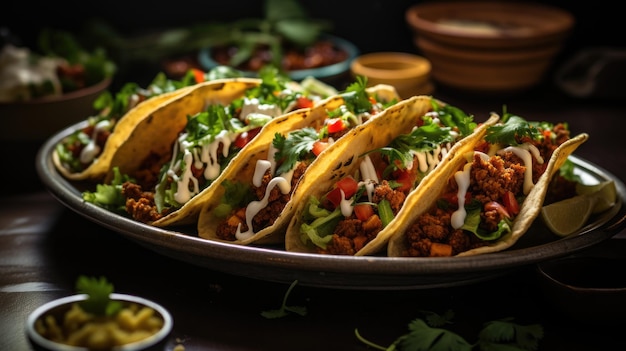 une assiette de tacos avec de la sauce et des légumes