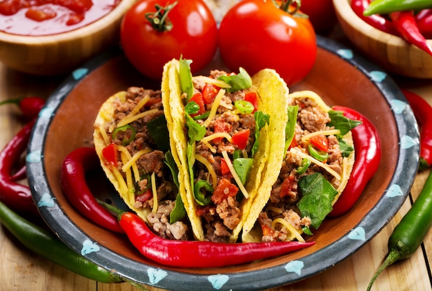 Assiette de tacos sur table en bois