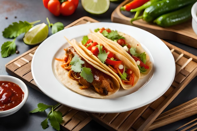 Une assiette de tacos avec un tas de légumes sur le côté