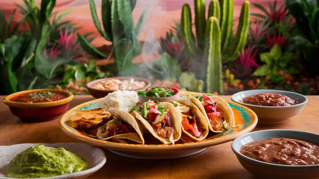 Photo une assiette de tacos avec une variété de trempettes dessus