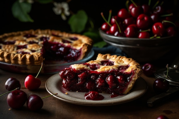 Une assiette de tarte aux cerises avec un bol de cerises sur la table