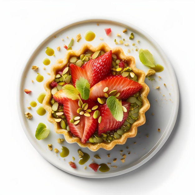 Une assiette de tarte aux fraises aux pistaches et pistaches.