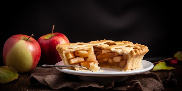 Une assiette de tarte aux pommes avec une tranche retirée de celle-ci.