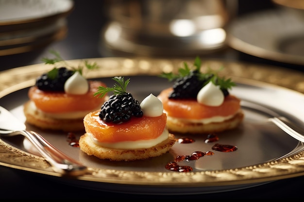 Une assiette de tartes au saumon fumé aux mûres et mûres.