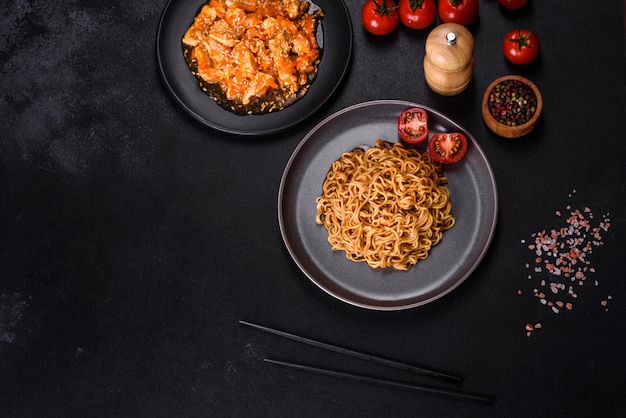 Assiette thaïlandaise de nouilles et de poulet sur un fond de béton noir avec des baguettes chinoises et un espace de copie