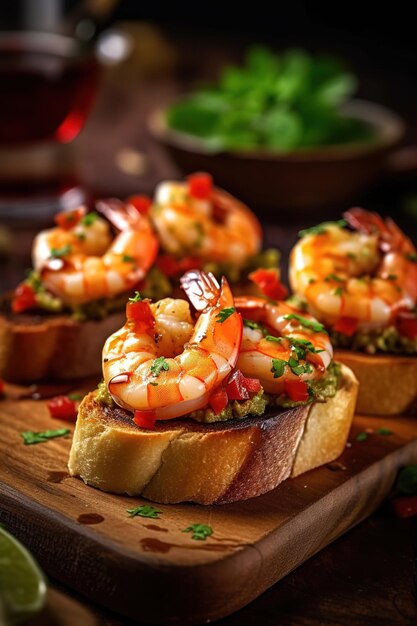 Une assiette de toasts aux crevettes avec un verre de vin rouge derrière.