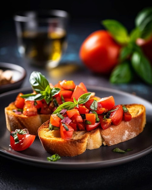 Une assiette de toasts avec tomates et basilic dessus