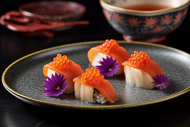 Une assiette de tobiko nigiri avec des œufs de poisson volants qui ajoutent une délicieuse touche de couleur