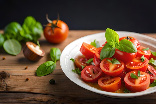 Une assiette de tomates et de basilic sur une table en bois